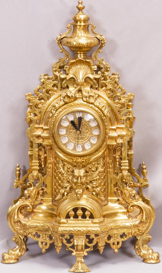 FRENCH STYLE BRASS MANTEL CLOCK, H 23", W 14" (1 of 9)