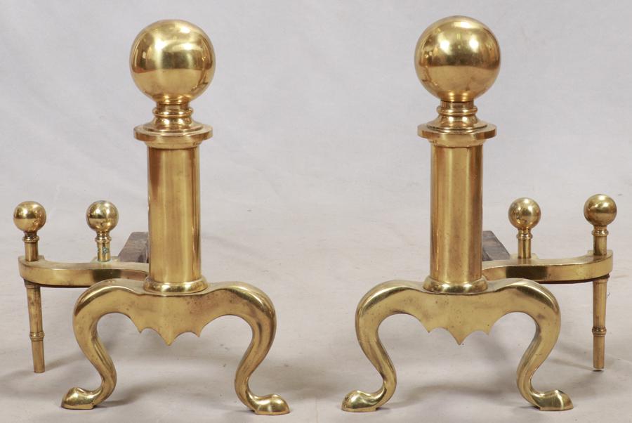 BRASS & CAST IRON ANDIRONS, PAIR, H 19", W 16" (1 of 1)