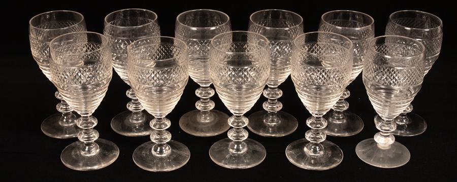 BRYCE CRYSTAL PORT WINE GOBLETS, SET OF 11 H 5.5": BRYCE CRYSTAL PORT WINE GOBLETS, SET OF 11 H 5.5" Pattern #575 - 5. Hand cut. From the Estate of Mary Anne Zinn, Grosse Pointe Farms