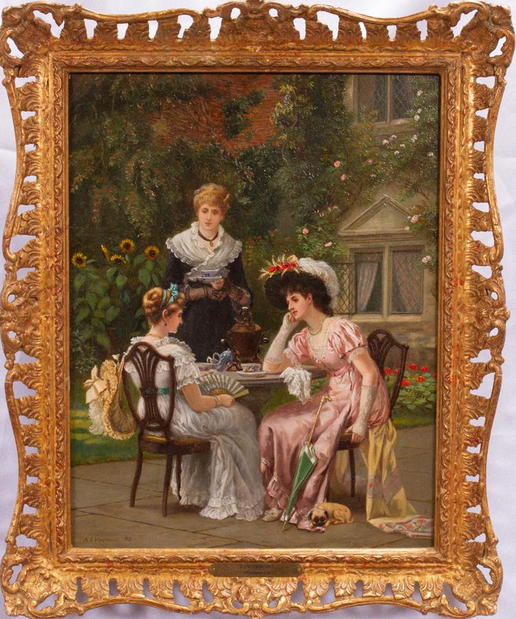 ARTHUR LANGLEY VERNON OIL ON CANVAS, 1883: ARTHUR LANGLEY VERNON (BRITISH, 1871-22), OIL ON CANVAS, 1883, H 14", W 11", "AFTERNOON TEA" An 1883 oil on canvas titled "Afternoon Tea" by Arthur Langley Vernon. Depicting three Victorian women enjo