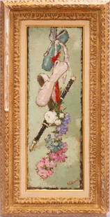 DIETZ EDZARD OIL ON CANVAS, 1893, POINTE SHOES: DIETZ EDZARD (GERMAN, 1893–63), OIL ON CANVAS, 1893, H 23", W 8", POINTE SHOES An 1893 oil on canvas by Dietz Edzard. Depicting ballet pointe shoes with an oboe and flowers. Artist's signature to