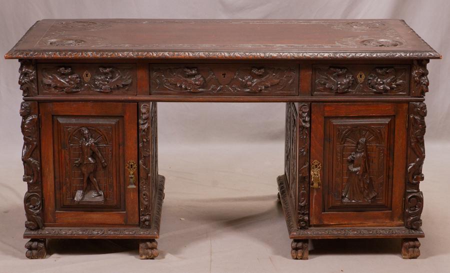 BELGIAN CARVED OAK DESK, COURTLY FIGURES, 19TH.C. (1 of 5)