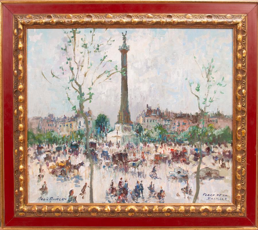 MERIO AMEGLIO OIL ON CANVAS: MERIO AMEGLIO (FRENCH/ITALY, 1897-70), OIL ON CANVAS, H 18", W 21", "PLACE DE LA BASTILLE" An oil on canvas titled "Place De La Bastille" by Merio Ameglio. Depicting Place De La Bastille square of Par