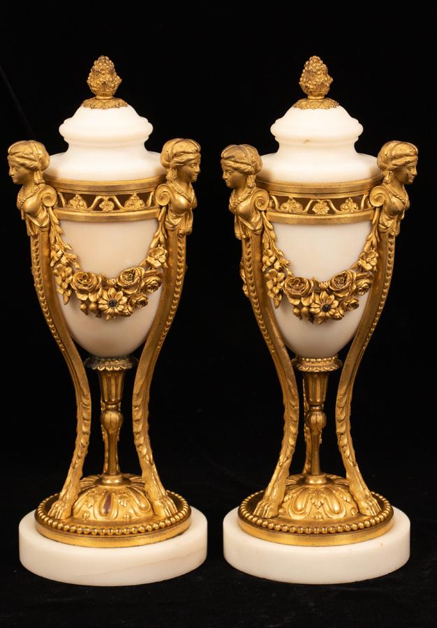 FRENCH GILT BRONZE & MARBLE COVERED URNS (1 of 2)