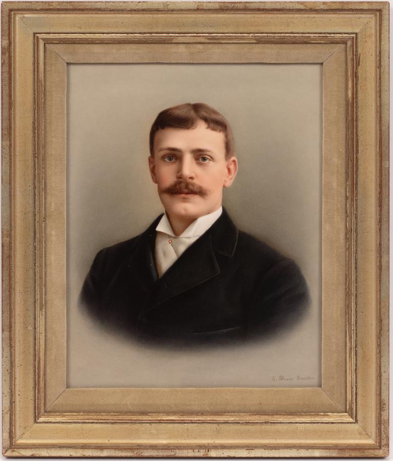 LUDWIG STURM KPM PORCELAIN PLAQUE, 19TH C: LUDWIG STURM (DRESDEN), KPM PORCELAIN PLAQUE, 19TH C, H 12", W 9.75", PORTRAIT OF YOUNG MAN A hand-painted KPM porcelain plaque by Ludwig Sturm, circa 19th century. Depicting the portrait of a young m