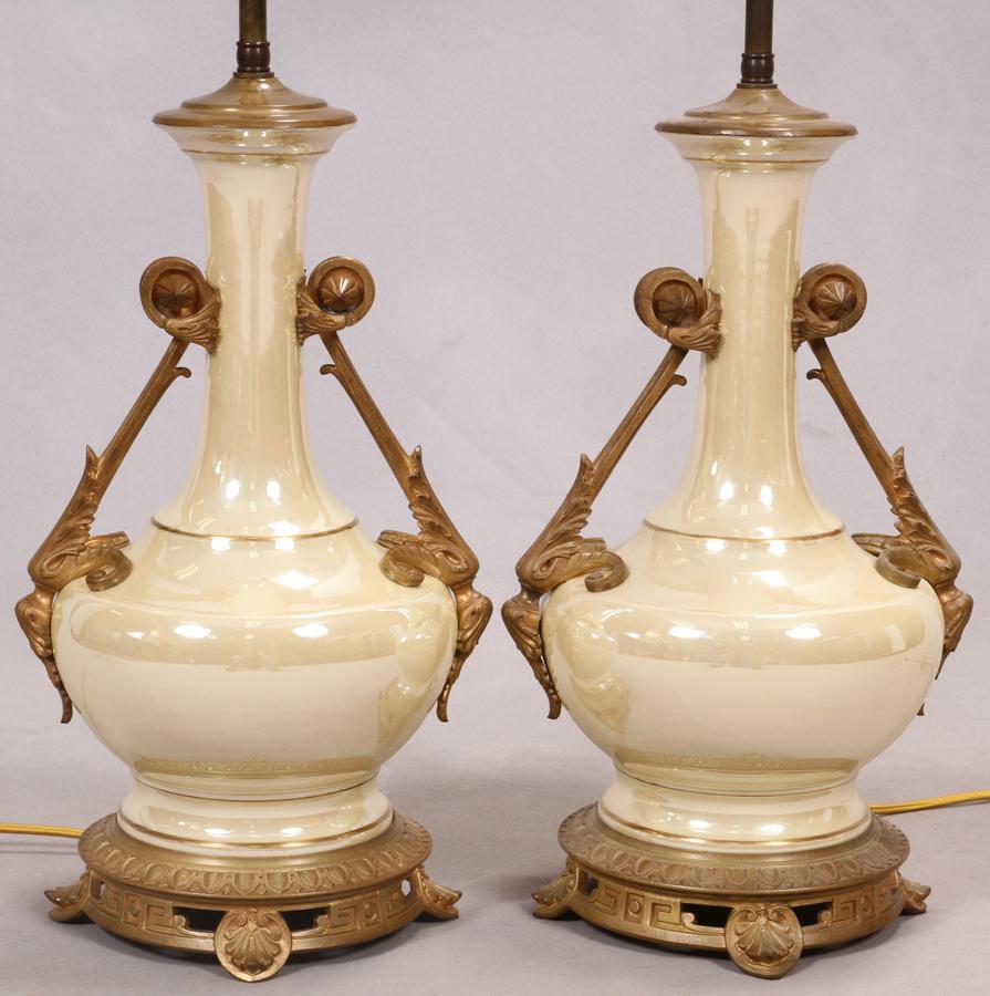 CERAMIC & GILT BRONZE LAMPS, PAIR, H 32" (1 of 4)
