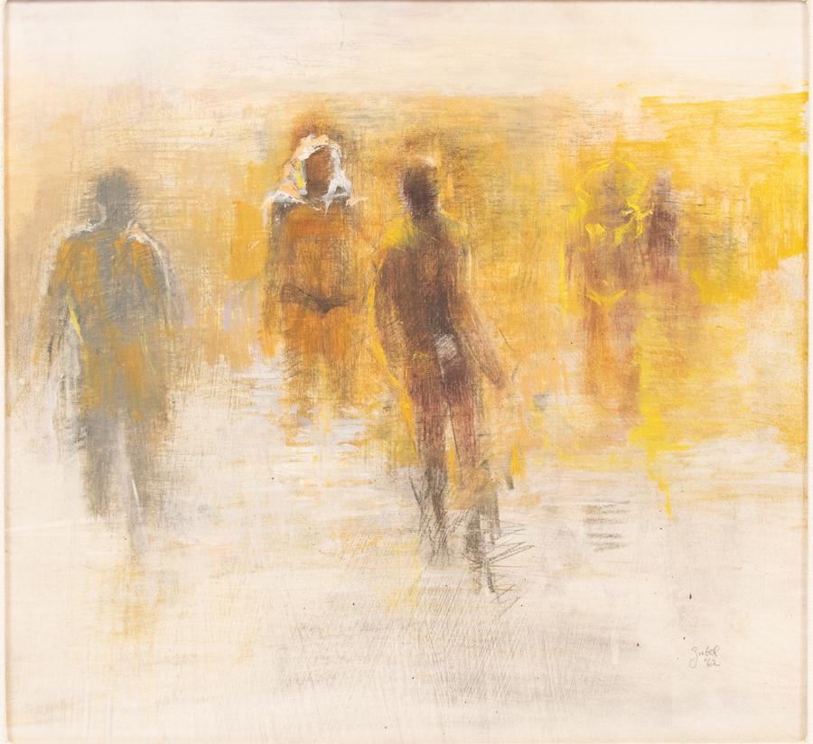 ZUBEL KACHADOORIAN OIL ON MASONITE, 1962: ZUBEL KACHADOORIAN (AMERICAN, 1926) OIL ON MASONITE, 1962 H 13.5" W 14.5" FIGURES WALKING Signed and dated in the lower right. Frame H 21" W 22"