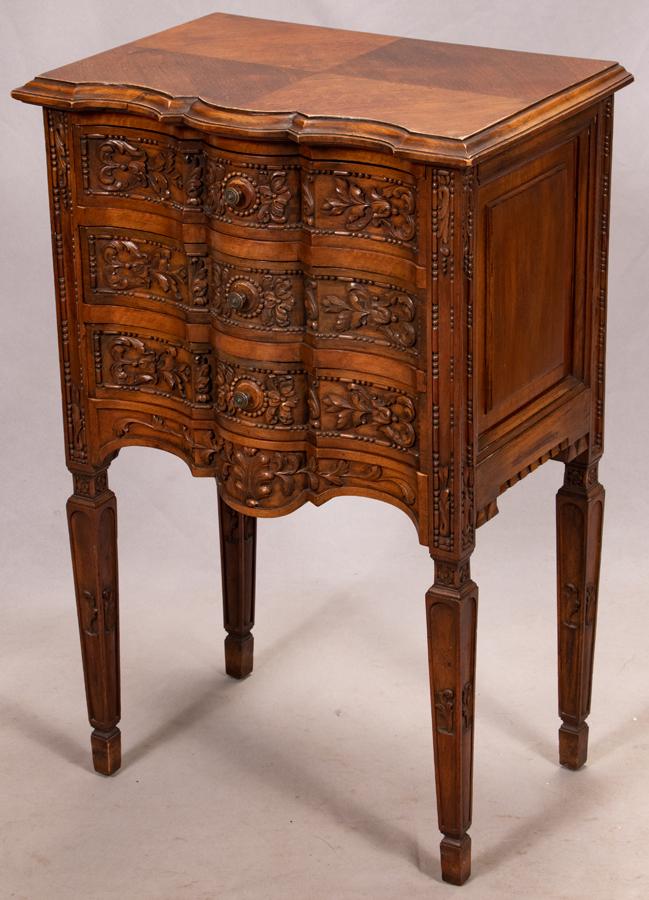 WALNUT CARVED SMALL 3 DRAWER CHEST, C. 1900 (1 of 3)