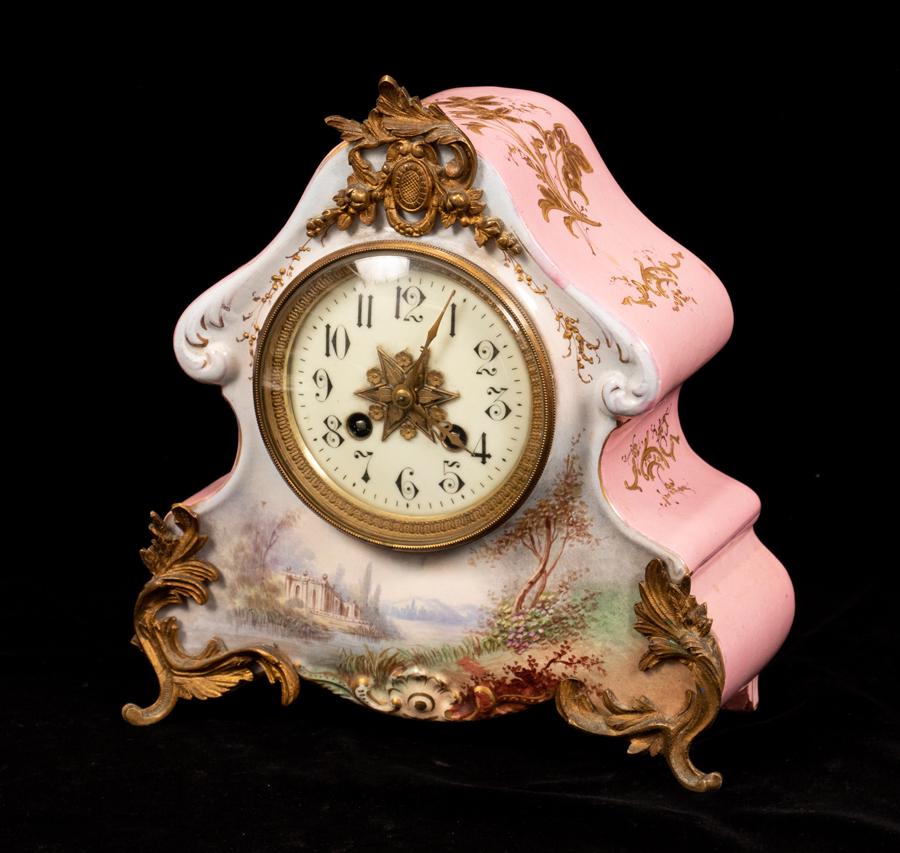 FRENCH PORCELAIN & BRONZE MANTEL CLOCK, 20TH C (1 of 5)