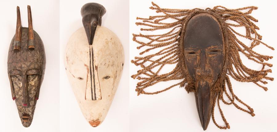 AFRICAN CARVED WOOD MASKS, 3 PCS, H 15-19" (1 of 7)