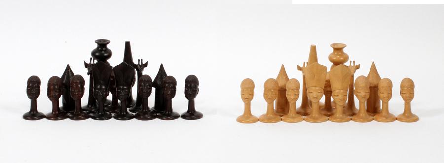 AFRICAN CARVED WOOD CHESS PIECES, 31 PCS (1 of 3)
