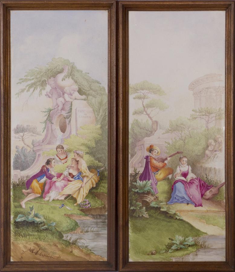 PAINTED TILE PLAQUES, PAIR, COURTING SCENES (1 of 4)