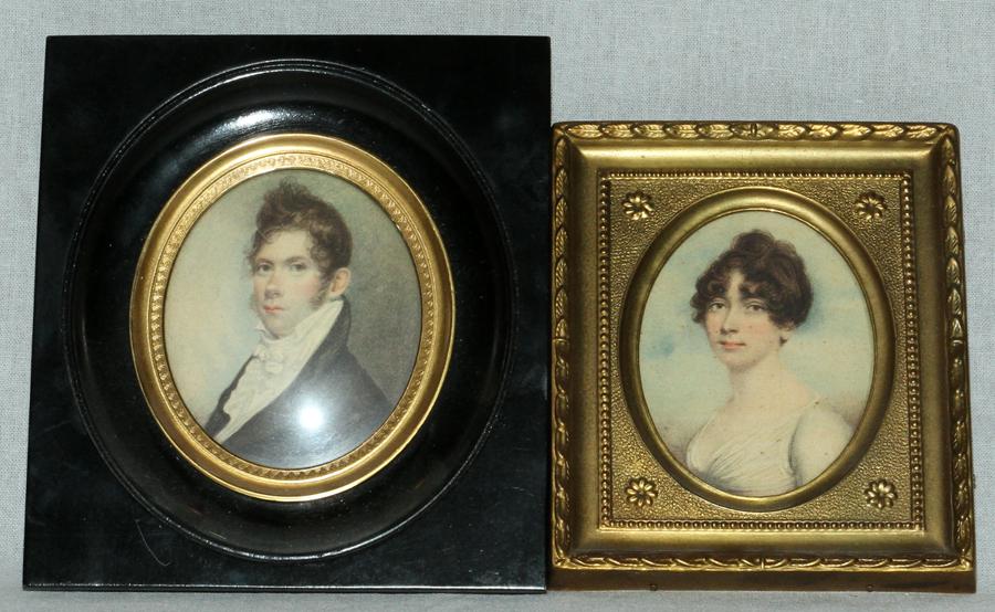 ERNEST DONNELLY REPRODUCTION PORTRAIT MINIATURES: ERNEST DONNELLY REPRODUCTION PORTRAIT MINIATURES 2 H 5.25, 4.3" W 4.6", 3.8" Reproduced for the Metropolitan Museum of Fine Arts. Depicting Edward Coverly and a portrait of a Regency-era lady. Measure