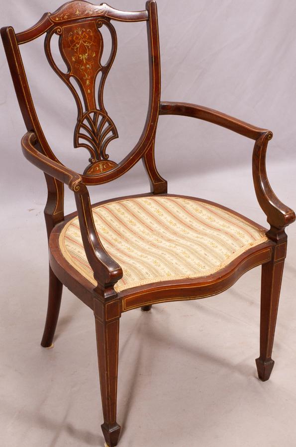 ENGLISH MAHOGANY OPEN ARM CHAIR, SATINWOOD INLAY (1 of 2)