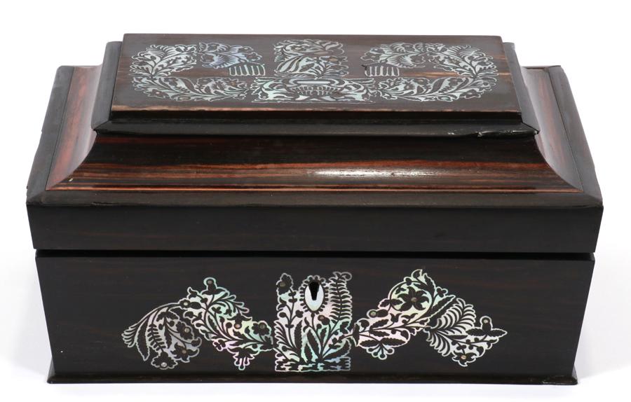 ENGLISH ROSEWOOD JEWELRY BOX: ENGLISH ROSEWOOD JEWELRY BOX, MOTHER OF PEARL INLAY, C 1870 H 6" L 12" A rosewood jewelry box. This piece features a hinged cover, a lined interior and mother of pearl inlay. Width 8".