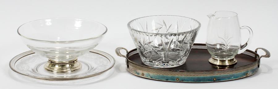 STERLING RIM GLASS BOWL, TRAY, PITCHER, 5 PCS (1 of 9)