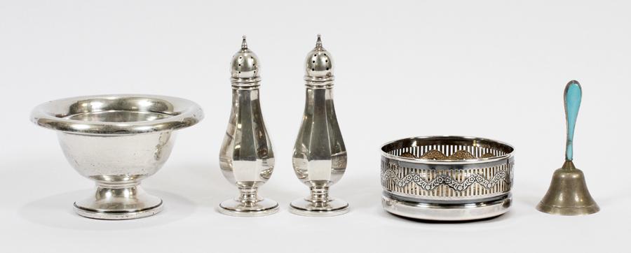 STERLING BOWL, SALT & PEPPER, & COASTER, 5 PCS (1 of 9)