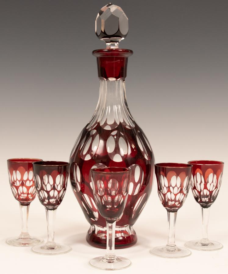 RUBY CUT TO CLEAR GLASS DECANTER & CORDIALS, 6 PCS (1 of 3)