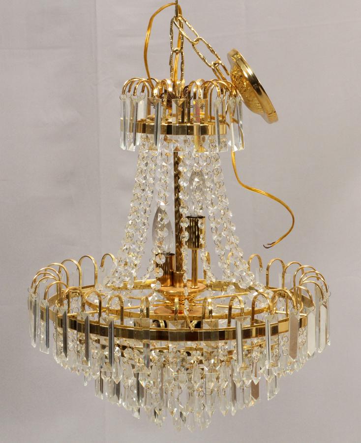CRYSTAL AND GILT METAL, SIX LIGHT CHANDELIER (1 of 4)