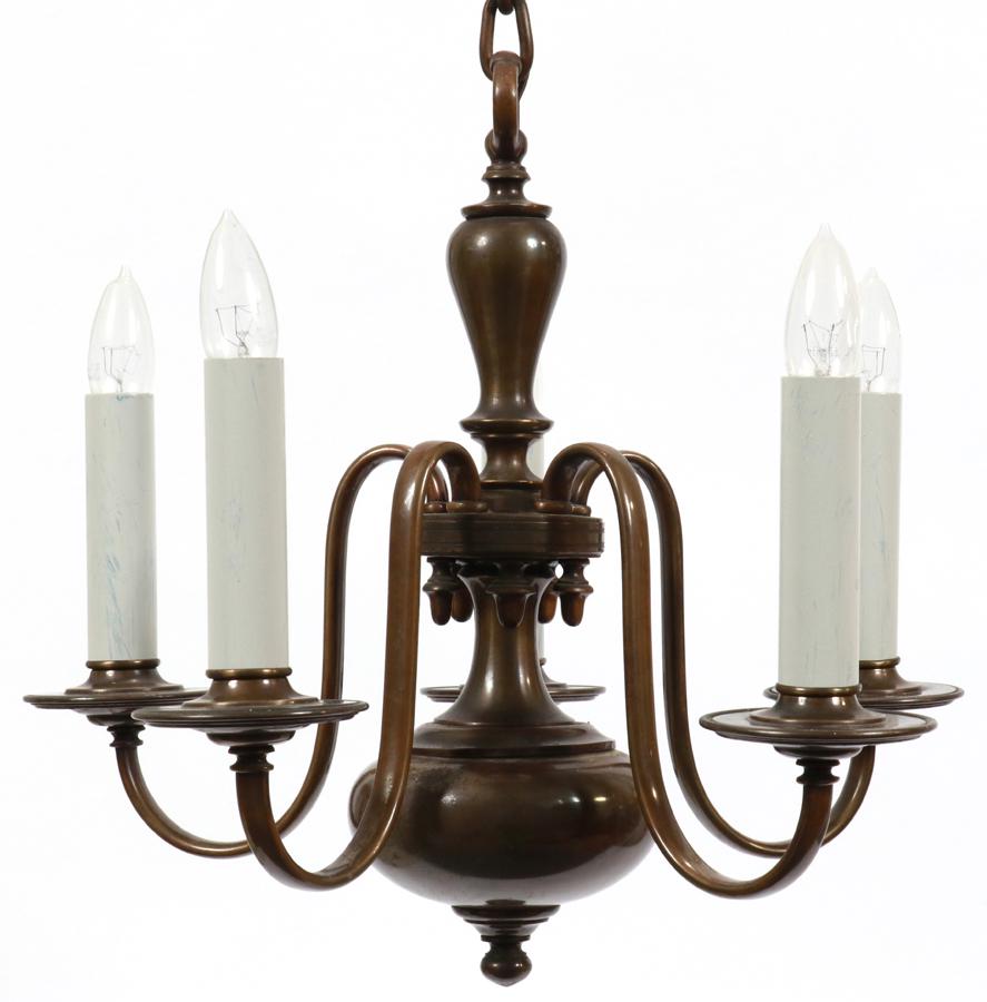 BRONZE 5 ARM CHANDELIER H 17" DIA 18": BRONZE 5 ARM CHANDELIER FROM GROSSE POINTE ALBERT KAHN HOME H 17" DIA 18" Height does not include bronze chain. C. 1920. Albert Kahn home on RIdge Road.