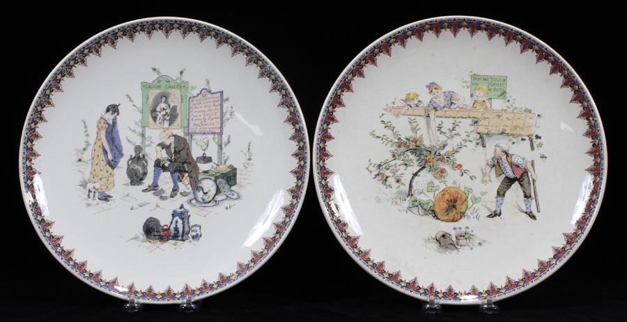 SARREGUEMINES (FRENCH), POTTERY CHARGERS, 2 PCS: SARREGUEMINES (FRENCH), POTTERY CHARGERS, 2 PCS, DIA 11.7" Depicting humorous scenes, "Apples", "Don't Touch Your Neighbors".
