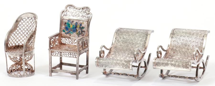 CHINESE MINIATURE SILVER CHAIRS, DOLL SIZE 4 PCS. (1 of 4)