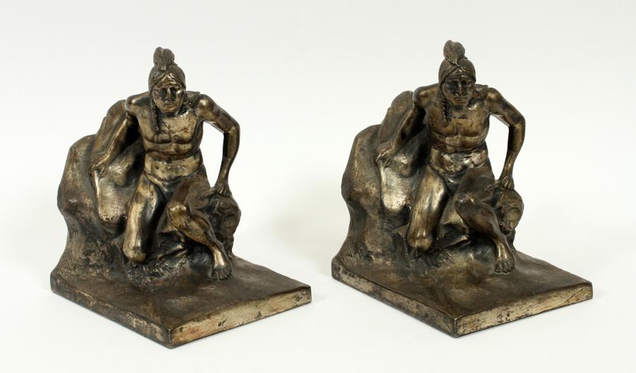 NATIVE AMERICAN SPELTER BOOKENDS, PAIR, H 7", L 5" (1 of 3)