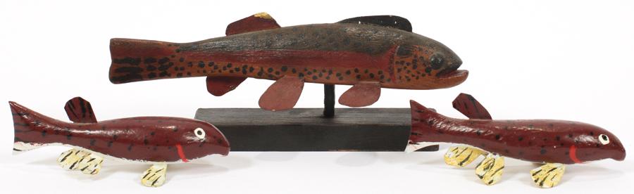 FOLK ART PAINTED WOOD & METAL FISH, 3 PCS (1 of 4)
