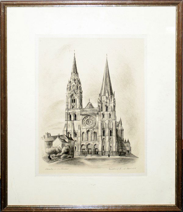 MILDRED E WILLIAMS ETCHING CHARTRES CATHEDRAL: MILDRED E. WILLIAMS, ETCHING, CHARTRES CATHEDRAL 14" X 10 1/2":born 1892, Detroit, Mi. A Detroit-area painter and printmaker, Mildred Williams studied with Robert Henri, John Sloan, Henry McCarter, Ch