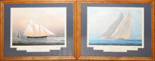 T THOMPSON PRINTS YACHTS OF THE AMERICA'S CUP: "TIM THOMPSON (BRIT. 1951), COLOR PRINTS, ""SPECIAL EDITION"" 2, 16"" X 22"", YACHTS OF THE AMERICA'S CUP:Depicting ""The Big Racing Cutters"" and ""The Schooner"" both framed and matted under glass w