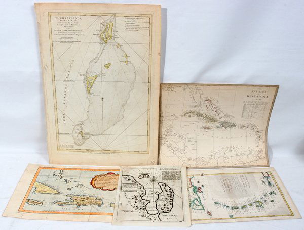 18/19TH C. MAPS OF THE WEST INDIES, 5: 18/19TH C. MAPS OF THE WEST INDIES, 5, 10" X 8" TO 18 3/4" X 13":Sizes are plate sizes. St. St. Dominica, by M. Bellin, "Suivant la Decouverte de l'Anne 1492", 1754, hand colored, Tom XII No. 2, 9" X