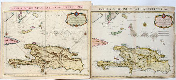 J. COVENS & C. MORTIER, MAPS, ST. DOMINICA: J. COVENS & C. MORTIER, MAPS, ST. DOMINICA, 20" X 24", 2, 18TH C.:Jean Covens & Corneille Mortier; both hand colored, signed, c. 20 1/4" x 24 1/4" plate, 21 1/4" x 25 1/2" paper, having a center fold