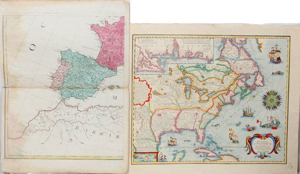 ANTIQUE MAPS OF SPAIN & THE AMERICAN COLONIES: ANTIQUE MAPS OF SPAIN & THE AMERICAN COLONIES, 2, 25" X 19" & 19" X 23":All hand colored and unframed. Spain with France and North Africa, antique, 21 3/4" x 17 3/4" plate and 24 3/4" x 18 7/8" paper;