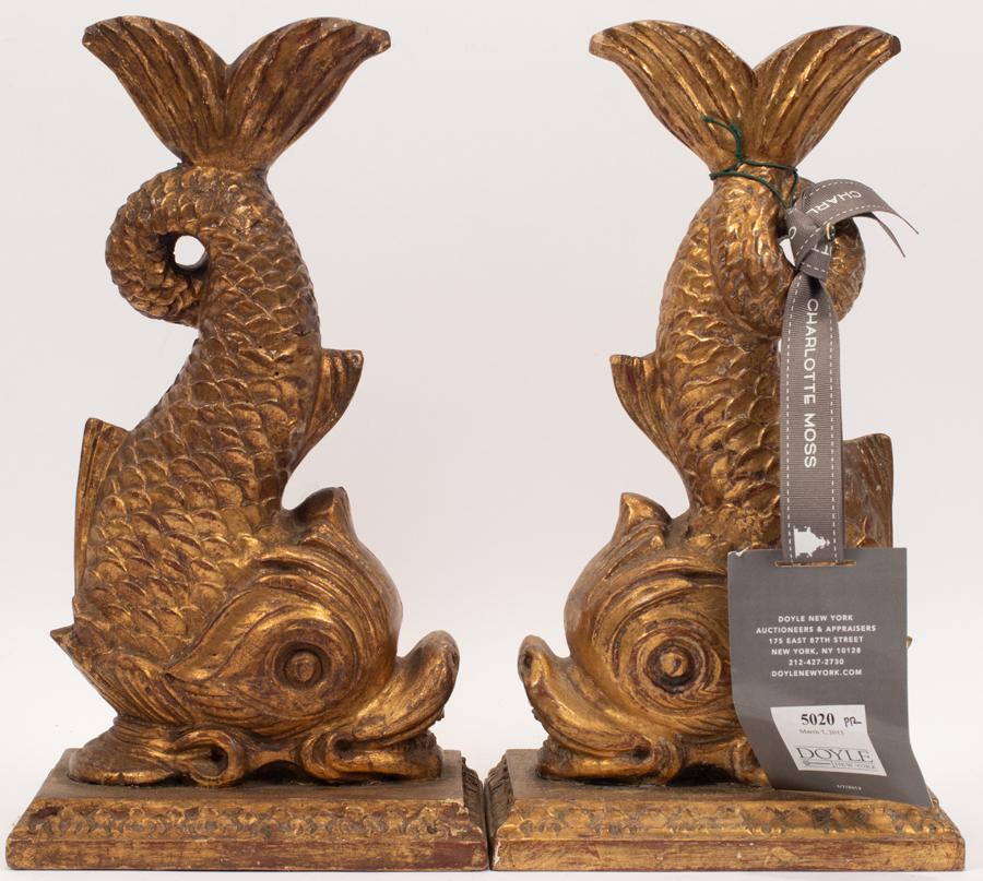 GILT WOOD DOLPHIN BOOKENDS, PAIR, H 13", W 7" (1 of 3)