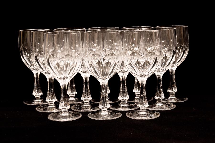 JOSEPHINEHUTTE CRYSTAL WINE GLASSES, 12 PCS, H 7.25": JOSEPHINEHUTTE GERMAN "BLANCA" PATTERN CRYSTAL WINE GLASSES, 12 PCS, H 7.25" A collection of twelve Josephinehutte crystal wine glasses. Each having fluted basins on faceted baluster stems. Each beari