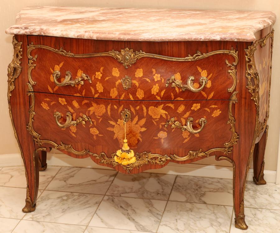 LOUIS XV FRUITWOOD, MARBLE & ORMOLU BOMBE COMMODE (1 of 8)