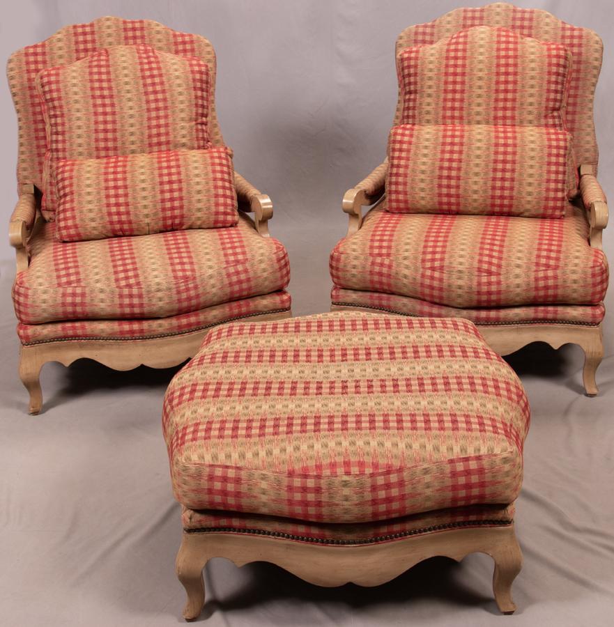 HENREDON ARMCHAIRS & OTTOMAN, 3 PCS: HENREDON ARMCHAIRS & OTTOMAN, 3 PCS, H 42", W 34", D 32" (CHAIR) A pair of Henredon open armchairs with accompanying ottoman. Each having nail head trim.
