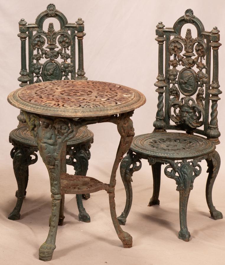 CAST IRON GARDEN SEATS & TABLE, 3 PCS (1 of 6)