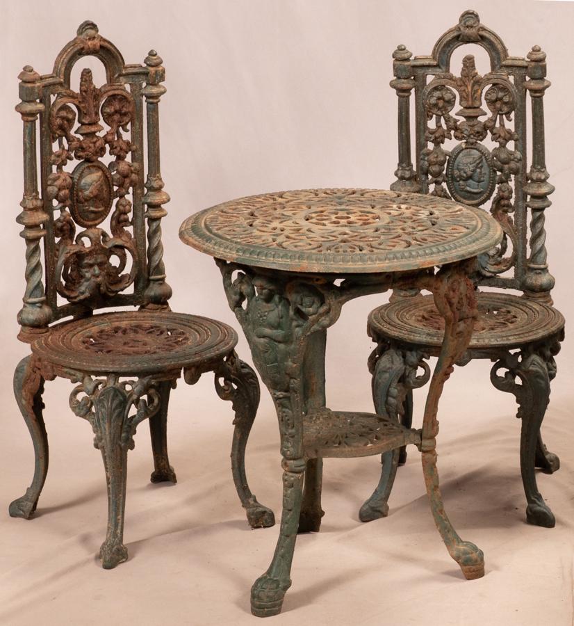 CAST IRON GARDEN SEATS & TABLE, 3 PCS (1 of 6)