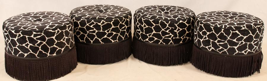 CIRCULAR FOOT STOOLS, 4 PCS, H 12.5", DIA 16.5": CIRCULAR FOOT STOOLS, 4 PCS, H 12.5", DIA 16.5"Stylized giraffe pattern with tassels.