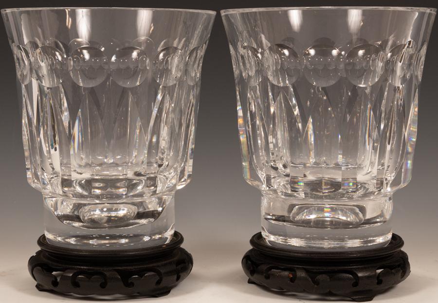 ORREFORS CUT CRYSTAL VASES, PAIR, H 7", DIA 6.25" (1 of 7)