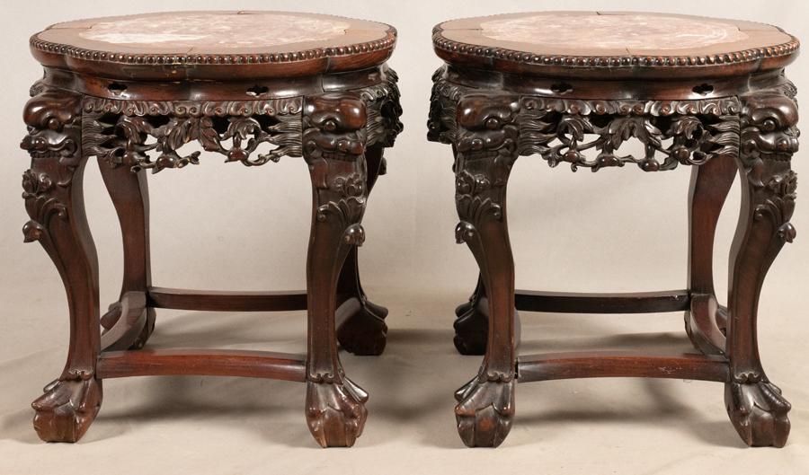 CHINESE TEAKWOOD & MARBLE PEDESTALS, C. 1900, PAIR (1 of 6)
