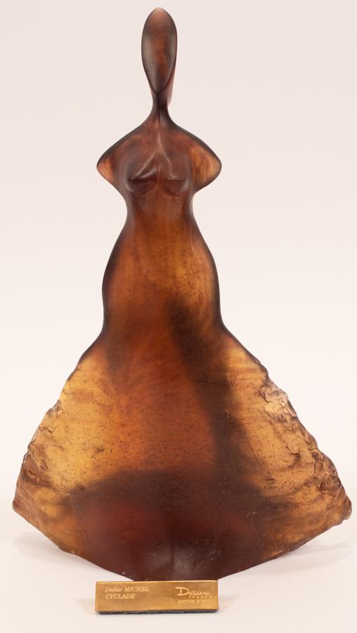 DAUM FRANCE PATE DE VERRE SCULPTURE, "CYCLADE": DAUM FRANCE PATE DE VERRE SCULPTURE, H 13.5", W 8.25", "CYCLADE" 125/325 Nude female in a smoky amber art glass. Original box
