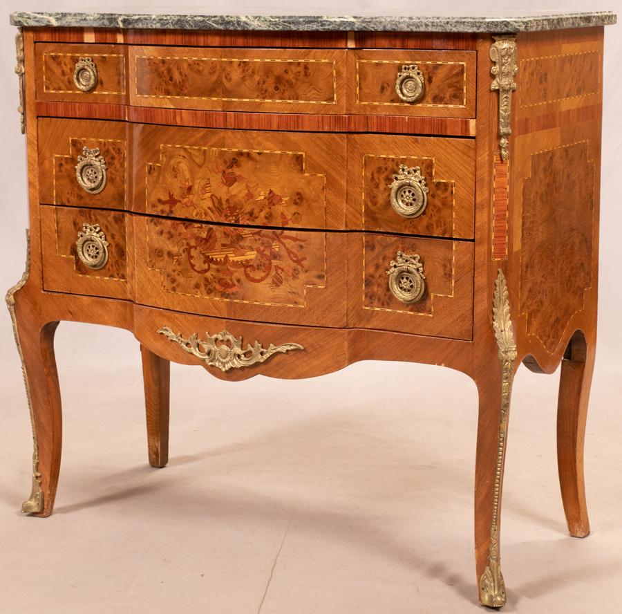 FRENCH  MARBLE TOP MARQUETRY COMMODE, H 32", W 34" (1 of 4)