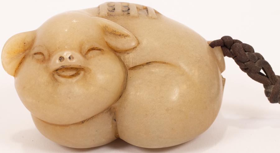 CHINESE CARVED JADE FIGURINE, PIG, H 2", W 3" (1 of 6)
