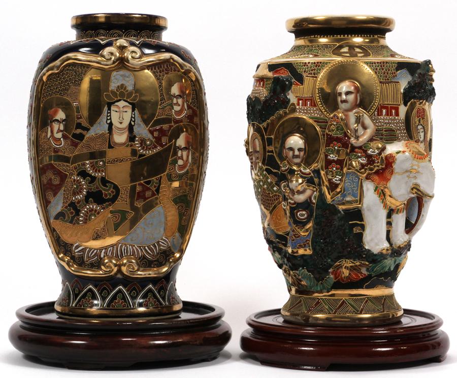 JAPANESE SATSUMA EARTHENWARE VASES, C 1900 2 PCS (1 of 7)