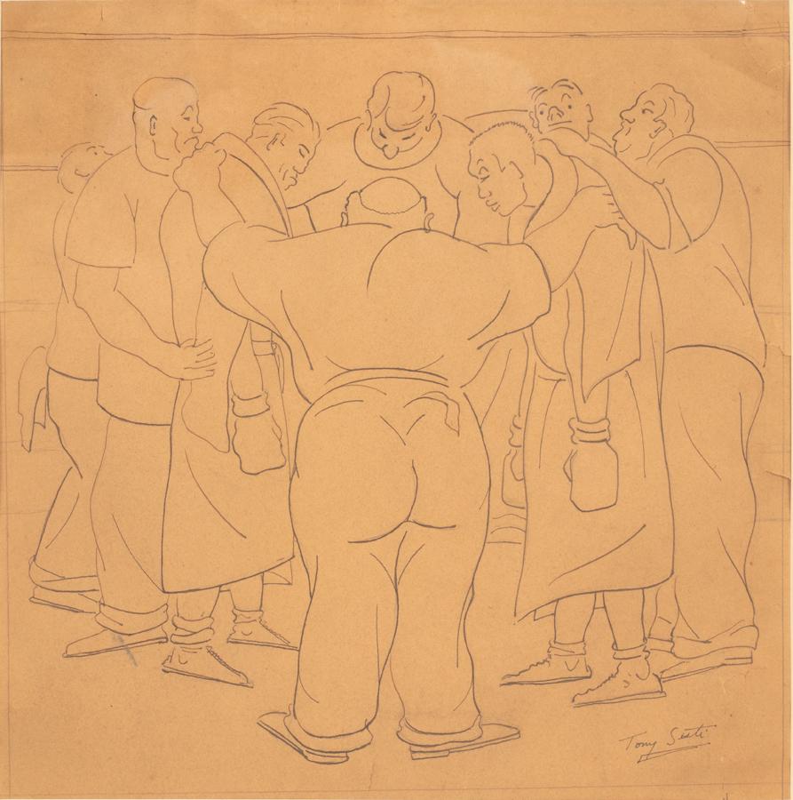 ANTHONY SISTI INK ON PAPER, BOXING MATCH: ANTHONY SISTI (AMERICAN 1901 - 1983) INK ON PAPER, H 13", W 13", BOXING MATCH Ink on paper drawing by American artist Anthony Sisti depicting a moment before a boxing match. Signed lower right and fra