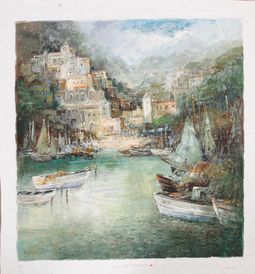 WILLIE BAUER OIL ON CANVAS, HARBOR SCENE: WILLIE BAUER, OIL ON CANVAS H 27" W 23 1/2" HARBOR SCENE Signed lower left, unframed.