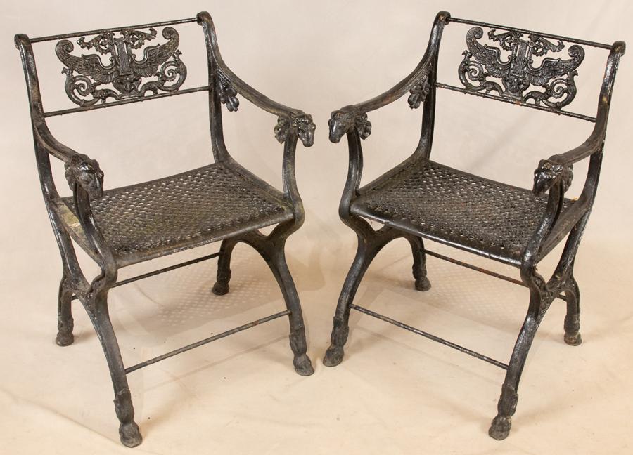 CAST IRON GARDEN OPEN ARMCHAIRS, PAIR (1 of 3)