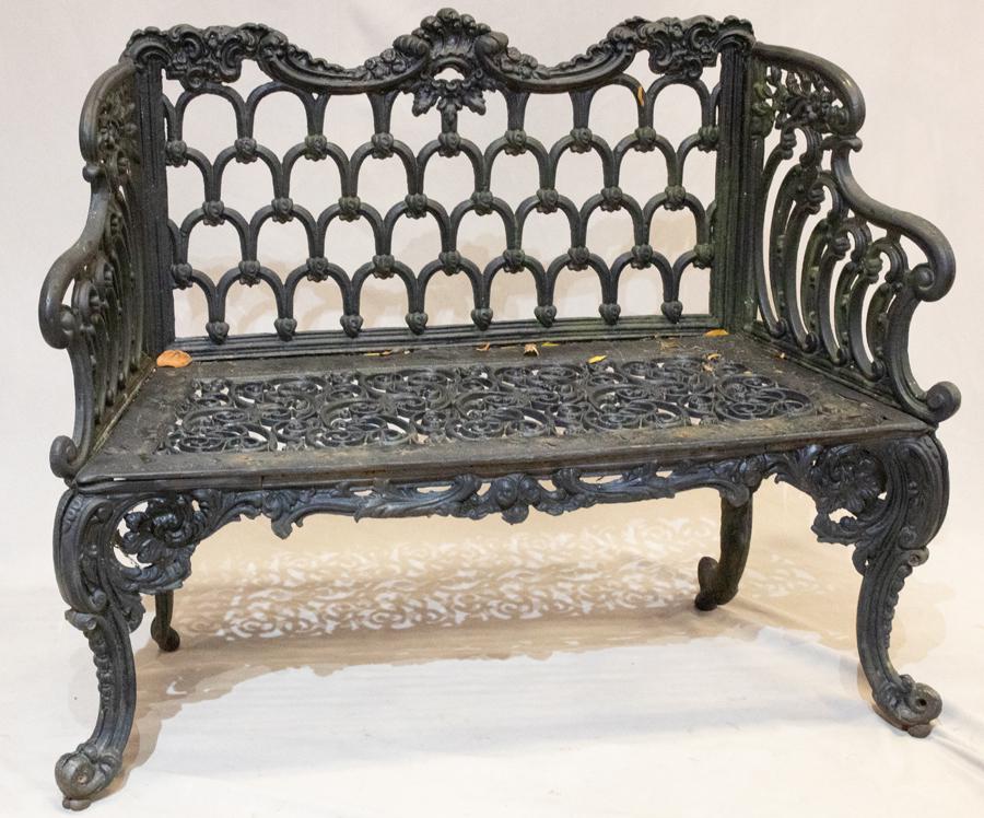 CAST IRON GARDEN BENCH, H 35", W 44", D 16" (1 of 2)